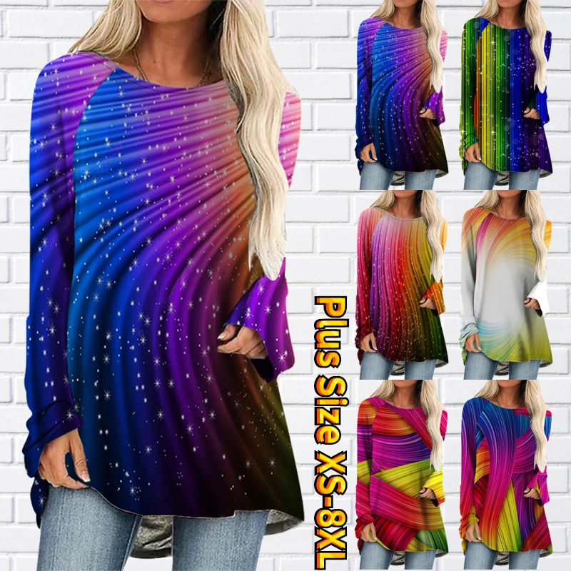 

2022 New Rainbow Abstract Print Top Round Neck Fashion Casual Long Sleeve Autumn Winter Loose Size T-shirt Women Retro Pullover