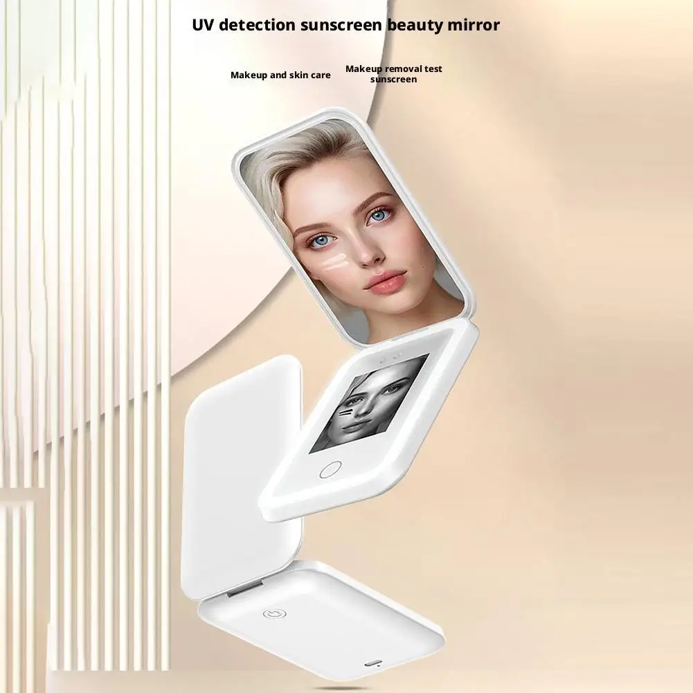 UV 스마트 자외선 차단제 테스트 메이크업 거울(HD 카메라 포함) 리필 라이트 포함 2X 확대 여행용 메이크업 거울 자외선 차단제 테스트용