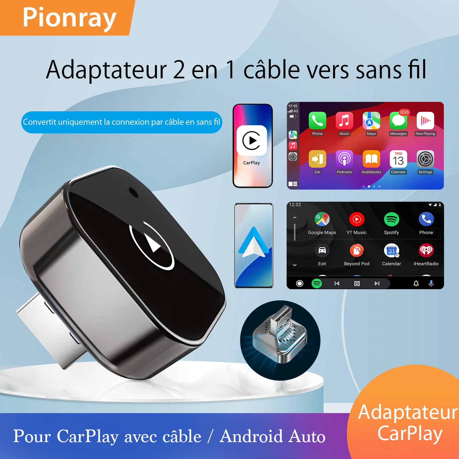 2026 Pionray 2 en 1 Adaptateur CarPlay / Android Auto Sans Fil - Connexion WiFi 5G Rapide - Plug and Play USB C