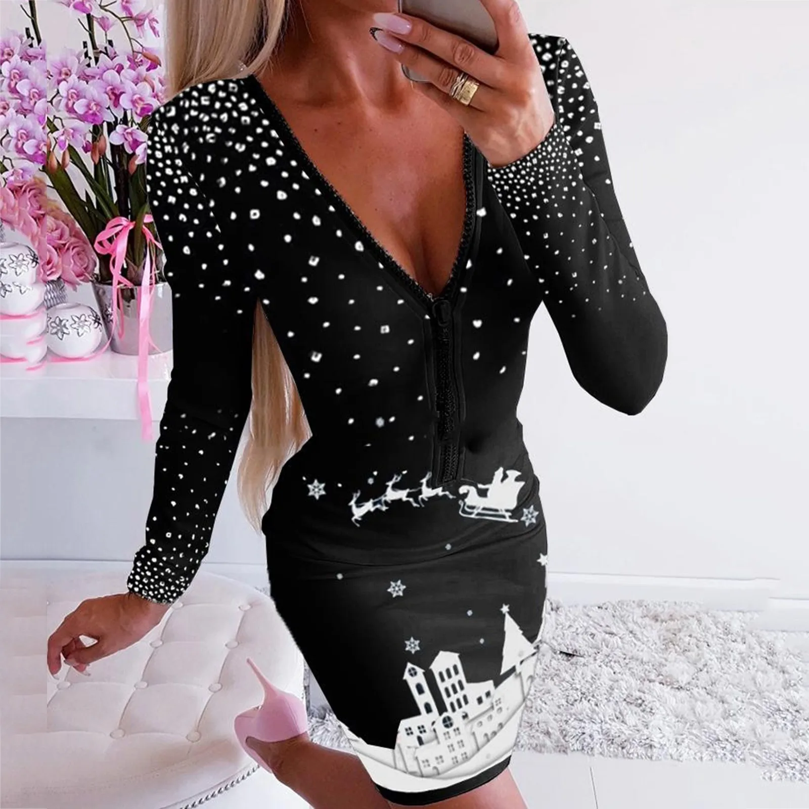 

Christmas Women'S Dresses 2023 Vintage Long Sleeve Fashion Snowflake Elk Print Casual O-Neck Daily Skinny Winter Mini Dress