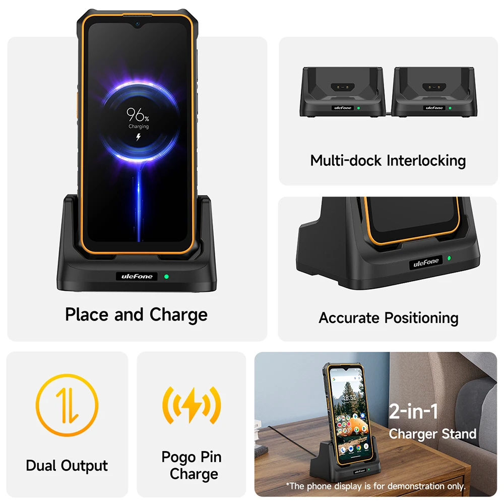 Ulefone Armor Desk Charging Dock for RugKing 3 Pro - Pogo Pin Wireless Charging, Dual Output 2-in-1 Charger Stand
