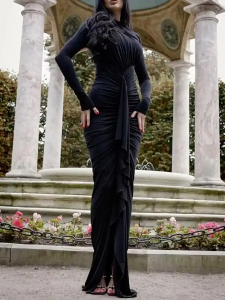 

Freeacy Women's Sexy X-shape Wrap Dress Solid Black Long Sleeves Skinny Evening Dresses 2024 New Ruffled Peated Maxi Dress
