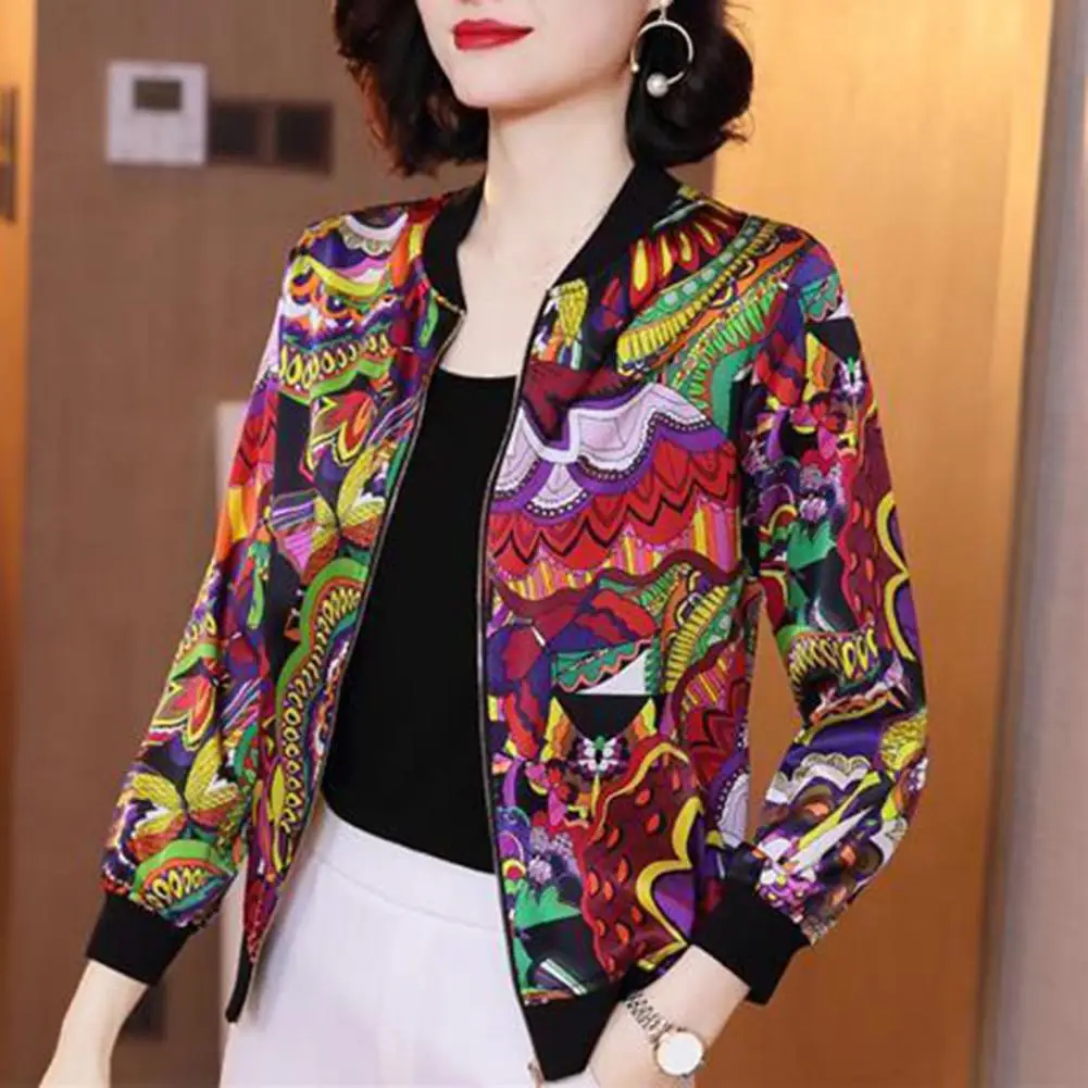 

Women Zipper Fly Coat Floral Print Chiffon Sunscreen Coat for Women Sheer Stand Collar Outwear with Zipper Placket Long Sleeve