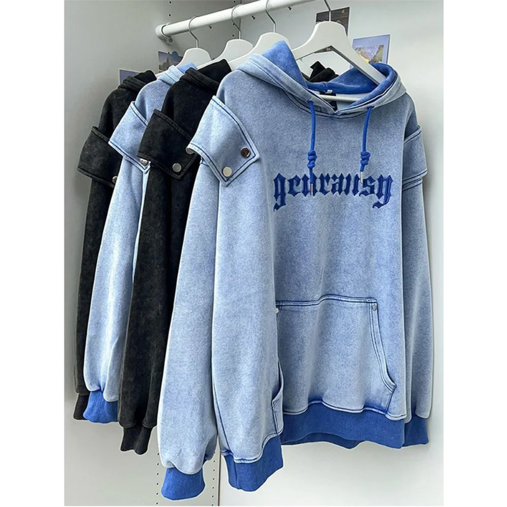 

Women's Embroidered Suede Loose Pullover Retro Letter Hoodies Autumn and Winter Streetwear