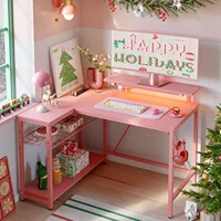 Desk with Power Outlets,42 LED Small Corner Computer Desk with Reversible Storage Shelves,L Shaped Desk with Hook 1