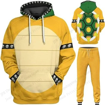 Set da uomo Anime Cartoon Bowser Set di stampa 3d Uomo Donna Moda Felpa con cappuccio + Pantalone Set da 2 pezzi Tuta cosplay Abbigliamento da uomo 1