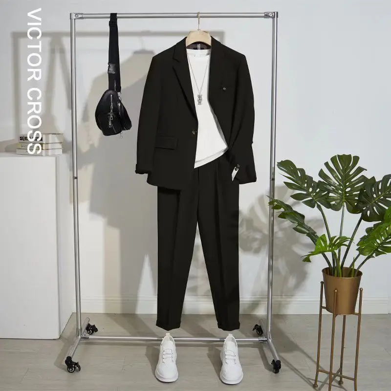 Men Fashion Spring Autumn Business Casual Office Suits New Suit Set Men Trendy Summer Korean Pure Color Loose Two-piece Set