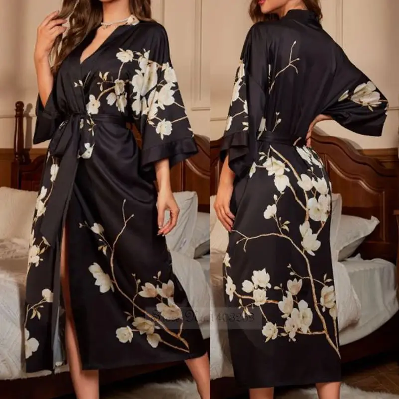 Female Long Robe Chinese Style Print Flower Sleepwear Nightgown Half Sleeve Kimono Bathrobe Gown Loose Casual Satin Home Wear