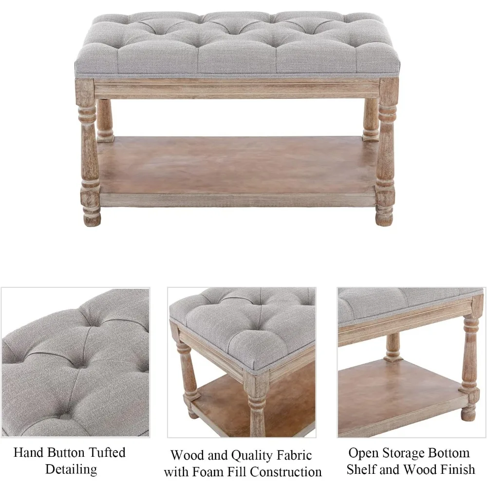 Farmhouse Tufted Storage Ottoman Bench with Shelf, 31.5" Width Linen Upholstered Entryway Shoe Ottoman Foot Stool 4