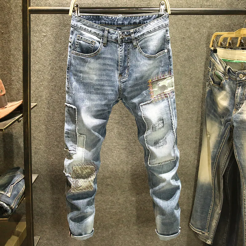 

Autumn Light Blue Jeans Men's Slim Small Foot New Hole Casual Long Trousers