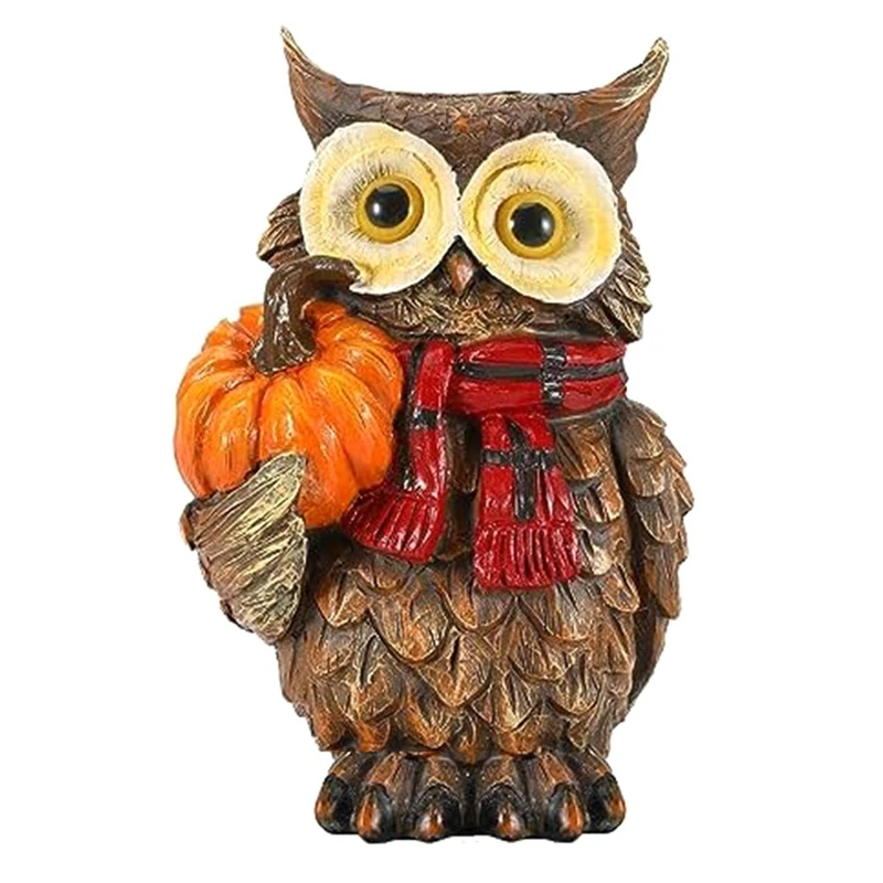 

1Set Fall Harvest Owl Ornaments Resin Craft With Red Scarf And Pumpkin Centerpieces Decor