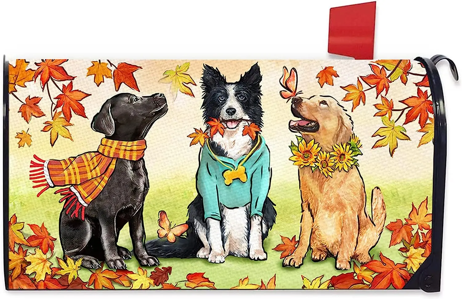 

Fall Dogs Mailbox Cover Magnetic Standard Size Autumn Maple Leaves Golden Retriever Puppy Decorative Post Letter Box Decor