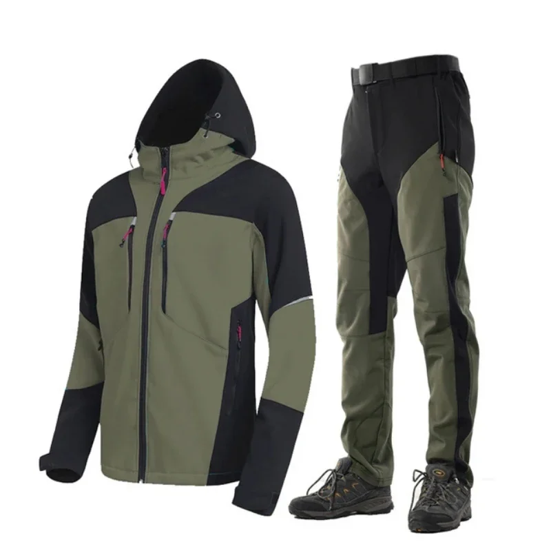 thumbnail image 1 of Conjunto de deportes al aire libre de piel de tiburón para hombre, chaqueta táctica con capucha impermeable y múltiples bolsillos, cortavientos, pantalones cálidos, traje de senderismo de invierno, 1 of 4
