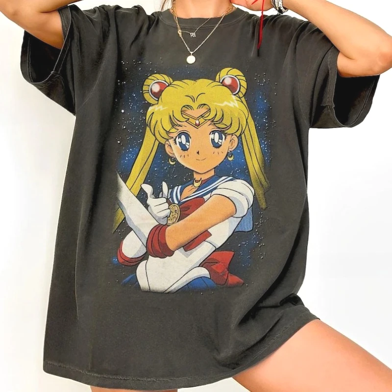 Sailor Moon Retro 90er Anime Grafik T-Shirt Sommer Baumwolle Herren Damen Tee Streetwear Lässige Mode Trend Kurzarm Paar-T-Shirt