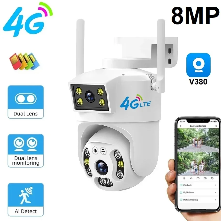 

Беспроводная уличная камера видеонаблюдения с двумя объективами, 4G, GSM, Sim-картой, функцией обнаружения человека