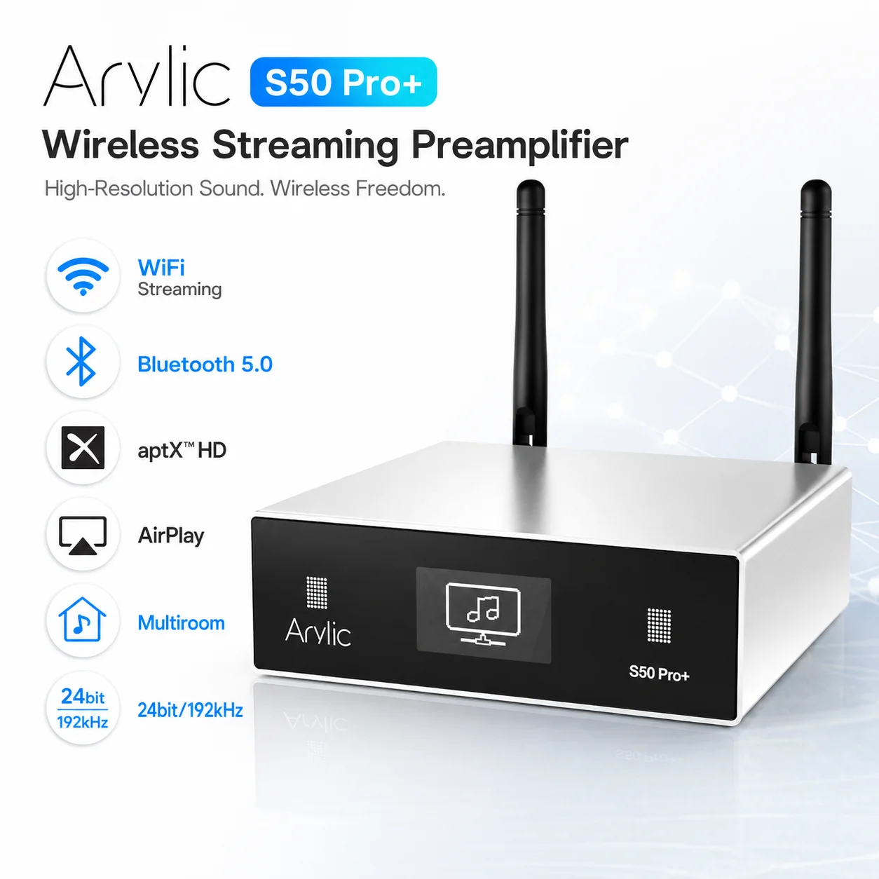 S50 Pro+ 무선 스테레오 프리앰프 - 고해상도 aptX HD ESS 9023 디지털-아날로그 컨버터로 향상된 음질 제공