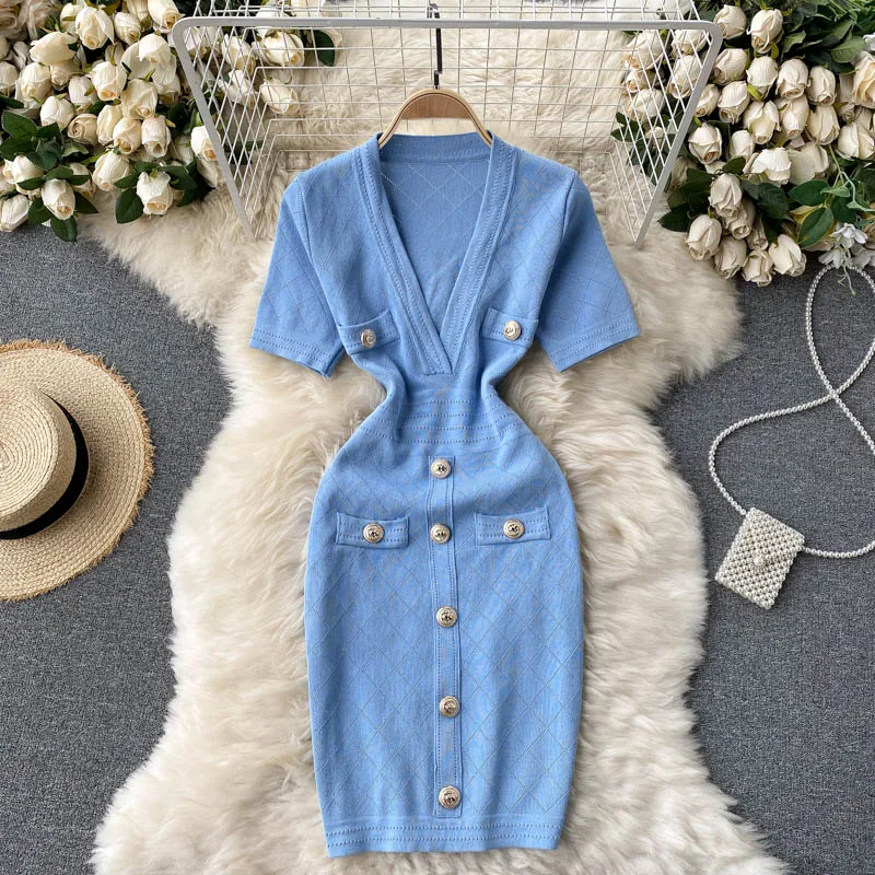 bikini cover up Women Knitted Pencil Dress V Neck Short Sleeve Elastic Slim Sheath Dresses Summer Korean Chic Streetwear Short Dress Beach Robe Cover Up Cover-Ups