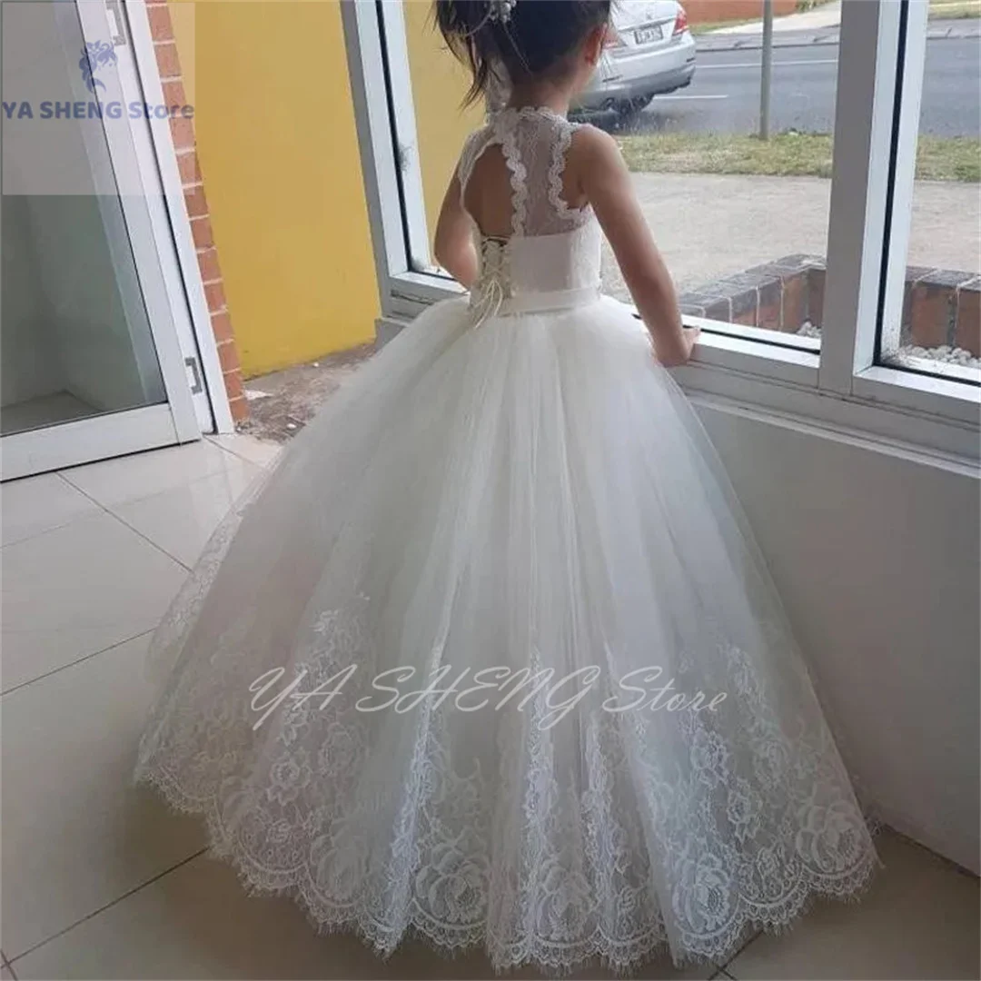 

White Ivory Flower Girl Princess Dress Lace Appliques Tulle Floor Length Kids Ceremony First Communion Party Ball Gown