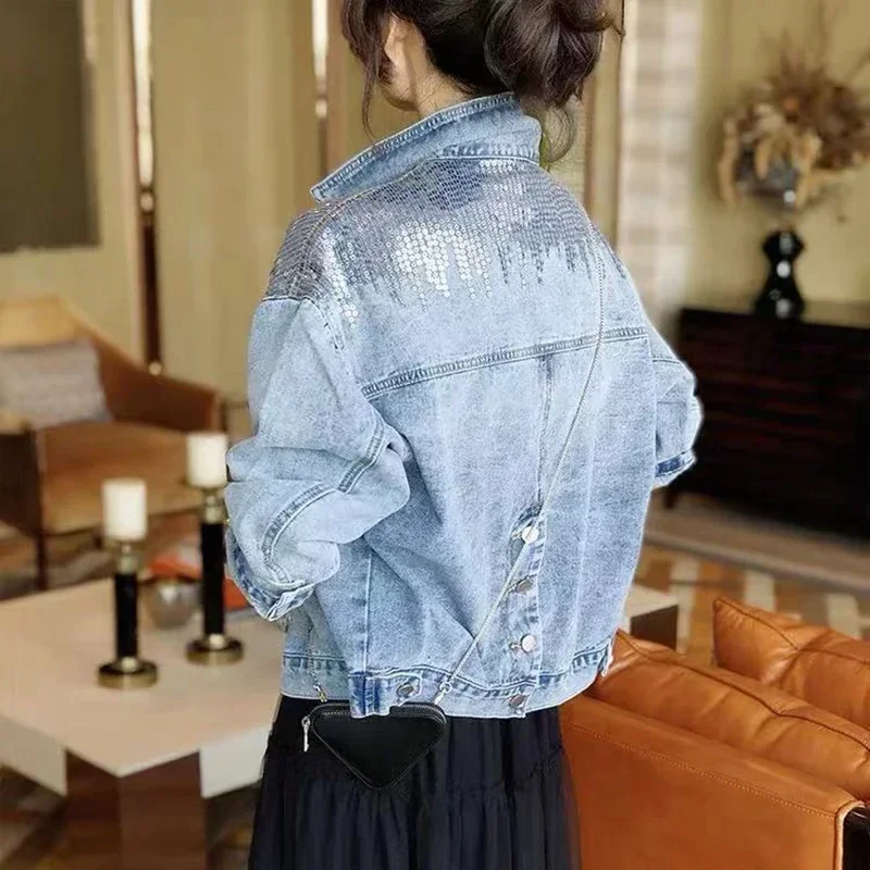 

QNPQYX New Spring Autumn Denim Jacket Women Fashion Sequin Short Lapel Jean Coats Woman Casual Full Sleeve Loose Button Coat