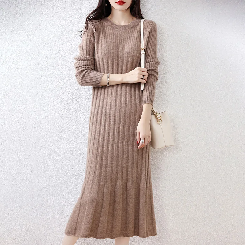 

O-neck Women Loose Strip Dresses Longer 100% Wool Knitted Jumpers 2023 New Fashion Winter Female Mid-calf Soft Cashmere Pullover