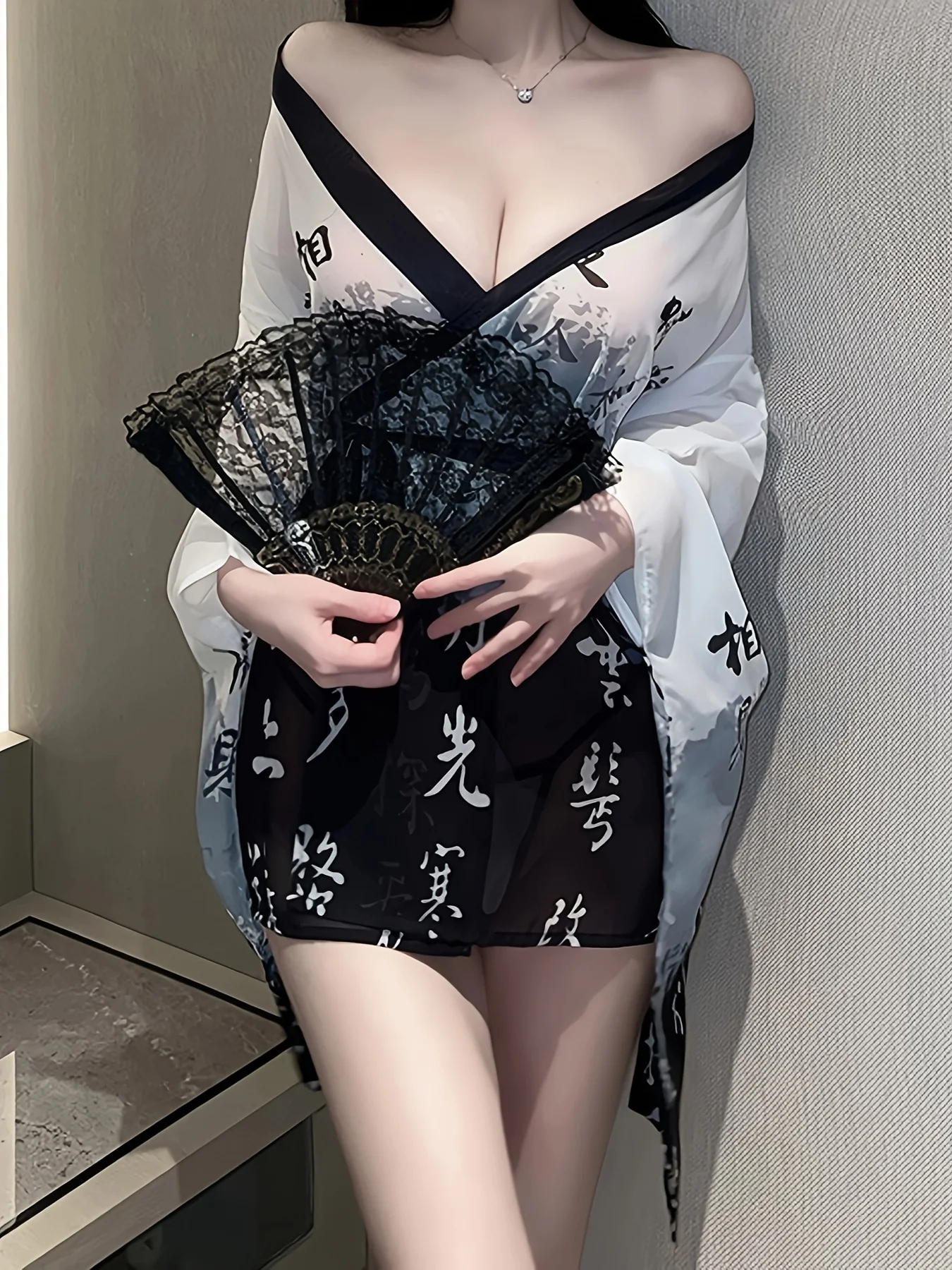 Japanese Kimono Women Sexy Lingerie Cosplay Pajamas See Through Mesh Nightgown Perspective Sleep Robe With Belt Nightwear