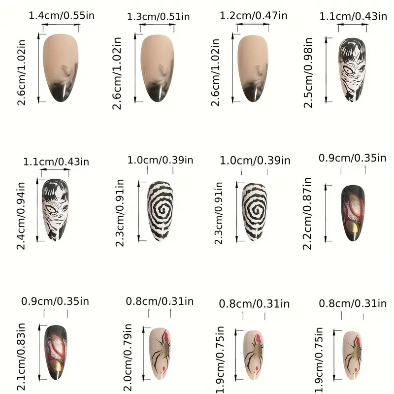 Fake nails 24Pcs Horror Comic Tomie Press on Nails Almond Glossy Black Japanese Anime Nails Reusable Halloween For Girls