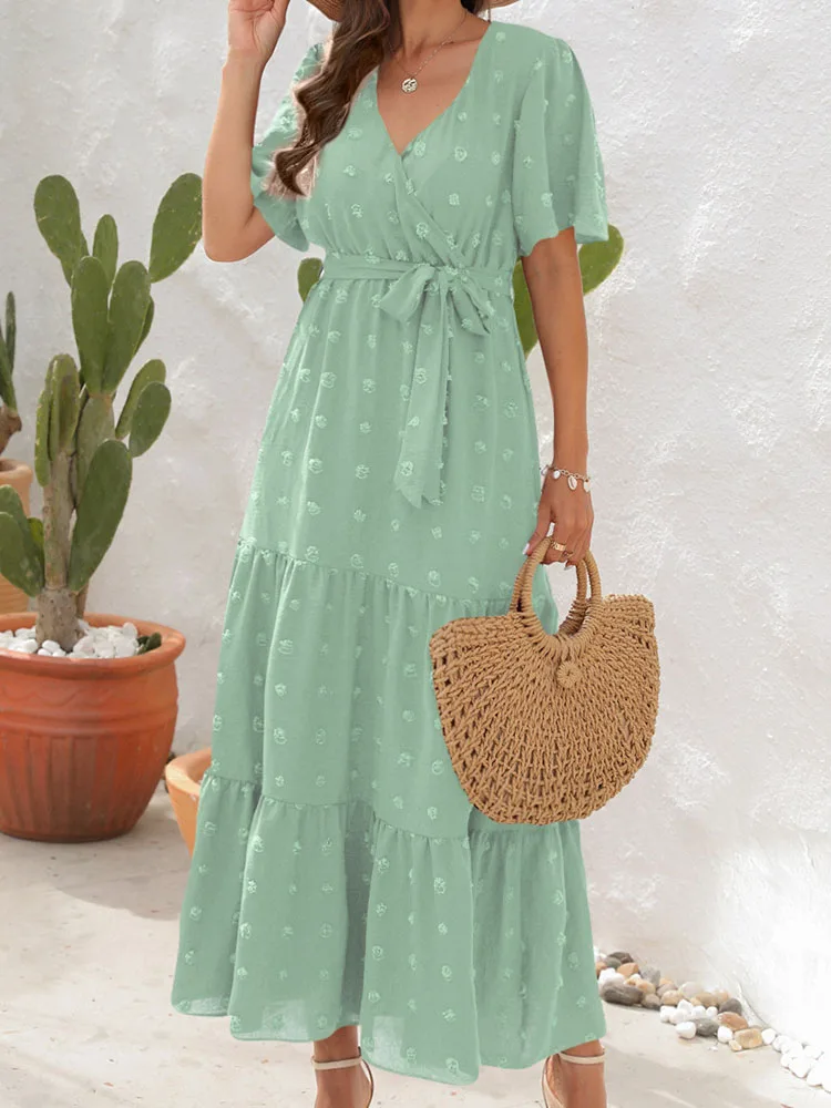 

Summer Maxi Dress Women Elegant Jacquard Sundress Female Boho Beach Green Long Dress Loose Retro Short Sleeve Robe