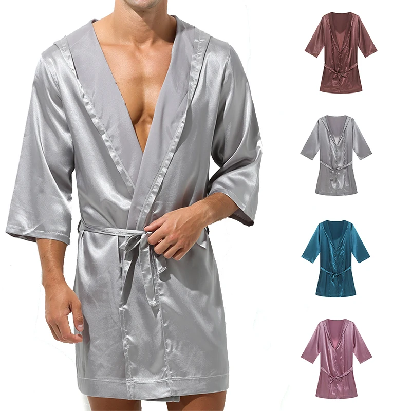 Ice Silk Bathrobe Cotton Bathrobe Flannel Robe Men Summer Silk Short Sleeve Bathrobe
