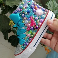 Handmade Rhinestones Bling Girls Womens Kids And Mother Candy Canvas Shoes Pearls Sneakers For Girl Birthday Party Wedding 1