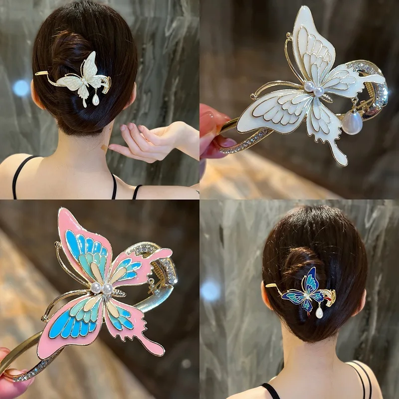 Painted Butterfly S Shape AlloysHair Claw Clip for Women Hair Bun Hairpin Headwear Alloy Pearl Barrettes Twist Clips Ornament bow hair clip back to school hair bows clips the hand painted yellow pencil bows clips hairgrips for first day of school