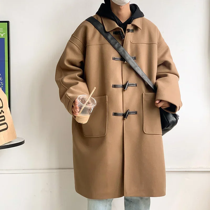 남성용 모직 코트, 단색 롱 트렌치, 남성 캐주얼 패션, 한국 스트리트웨어, 유..
