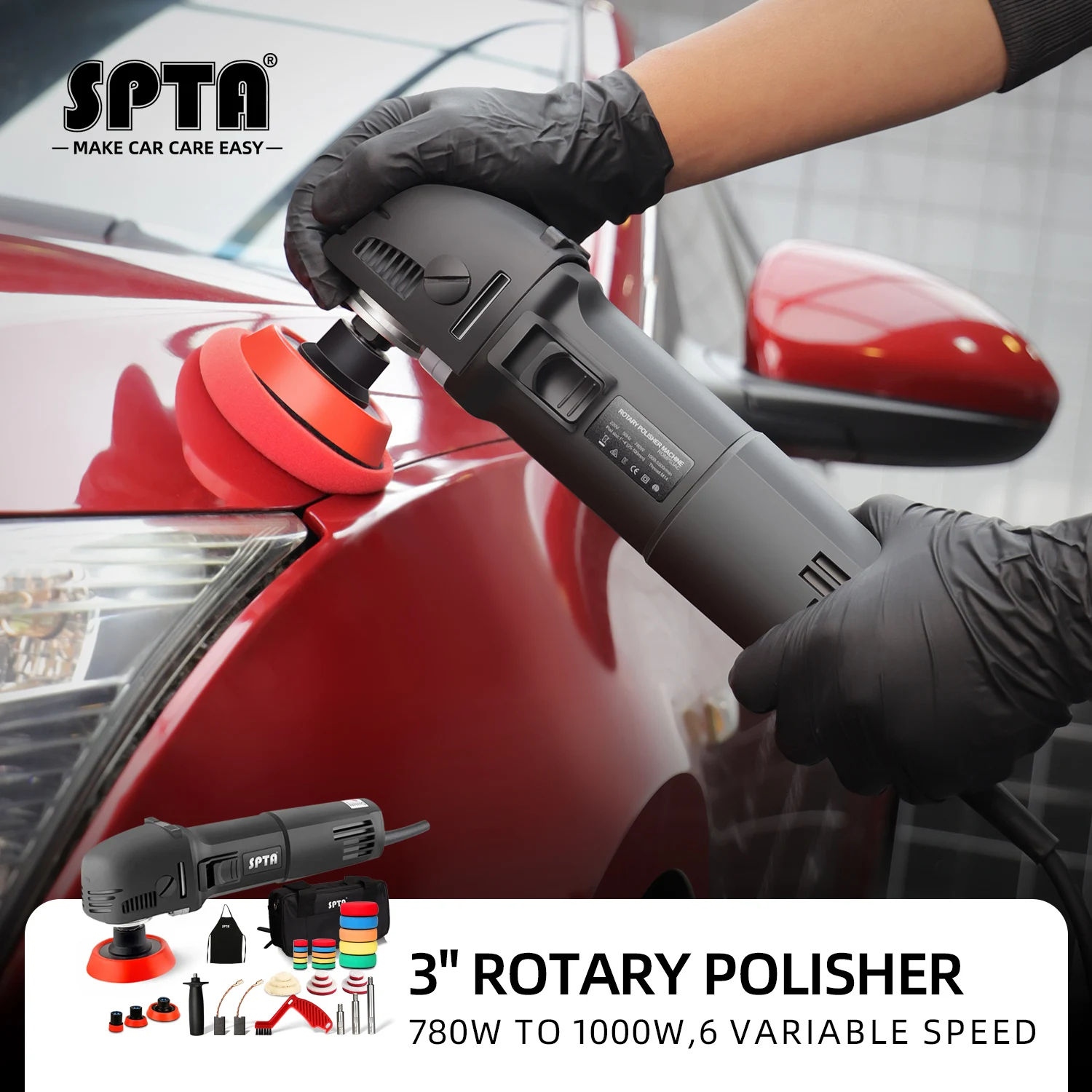 SPTA 3 Inch 10mm/700W 6 Variable Speed Orbital Polisher DA Car Polisher  Orbit Dual Action Polisher