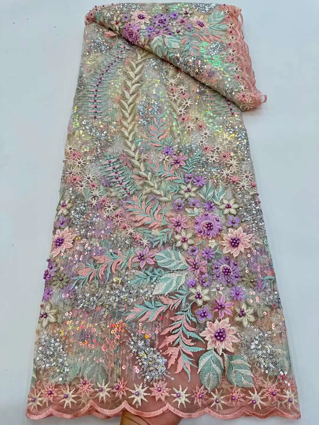 

High Quality Mesh Lace Fabric Sequins Beads Tulle Embroidery Craft Sewing For DIY Prom Skirt Evening Party Wedding Dress 5 Yards