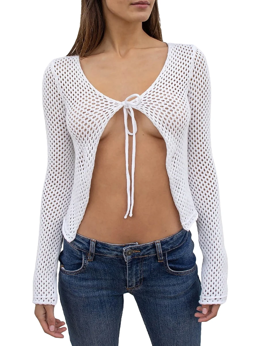 

Women Cutout Crochet Knit Top Long Sleeve Drawstring Hollow out Open Front Shrug Cardigan Blouse Cover Up