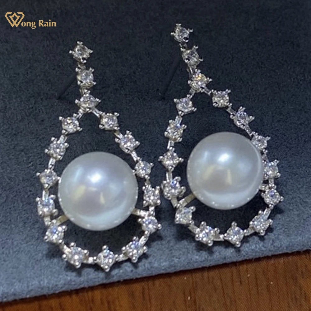 Wong Rain 100% 925 Sterling Silver 8-9 MM Natural Pearl High Carbon Diamond Gems Drop Earrings Customized Jewelry Wedding Gifts