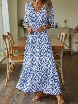2024 European and American autumn and winter fashionistas casual sweet loose V-neck printed mid sleeve long dress