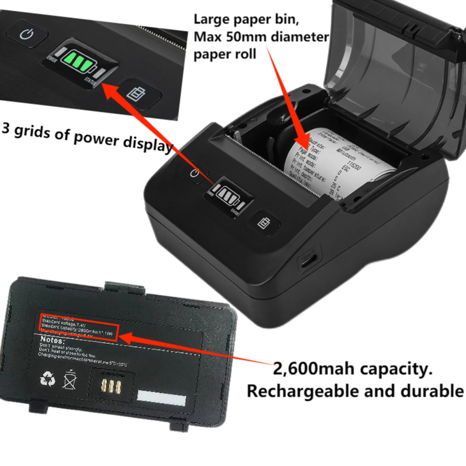 80mm 감열 프린터 BT4.2 연결 5080mm/s 203DPI ESC POS 호환 타입 C 배송 라벨 프린터 데스크탑 라벨 프린터