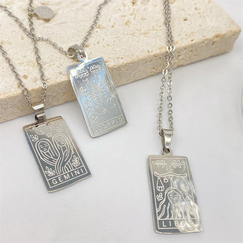 12 Constellations Horoscope Square Pendant Necklace for Women Men Vintage Gold Color Clavicle Chain Choker Collar Birhday Gifts