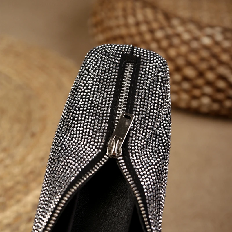 Women's New Spring and Autumn Square Headed Leather Zipper with Diamond Embedding for Comfortable Low Heel Lefu Single Shoes