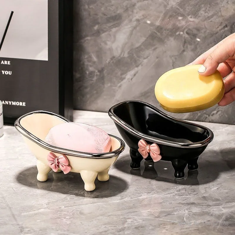 Cute Bow Knot Ceramic Soap Box, Creative Light Luxury, High, Beauty, Home Bathroom Decor Supplies, Thickened, Waterproof, 1Pc