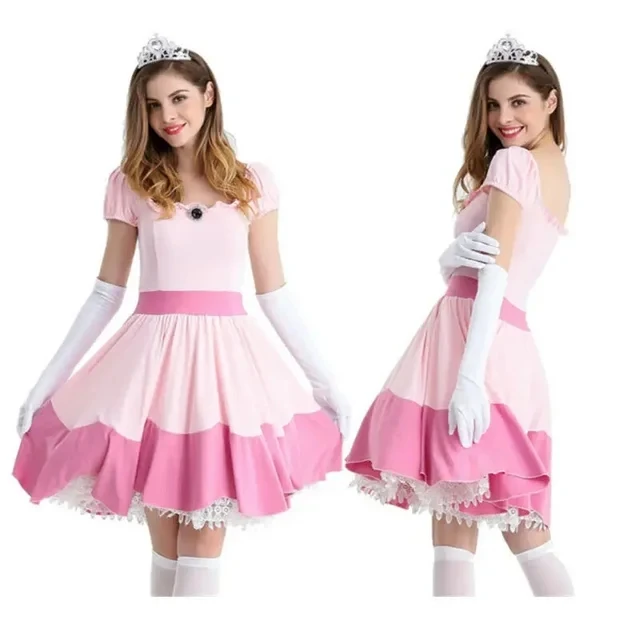 Carnival Halloween Lady Peach Princess Queen Costume Birthday Party Pink Dress Outfit Cosplay Fancy Party Dress
