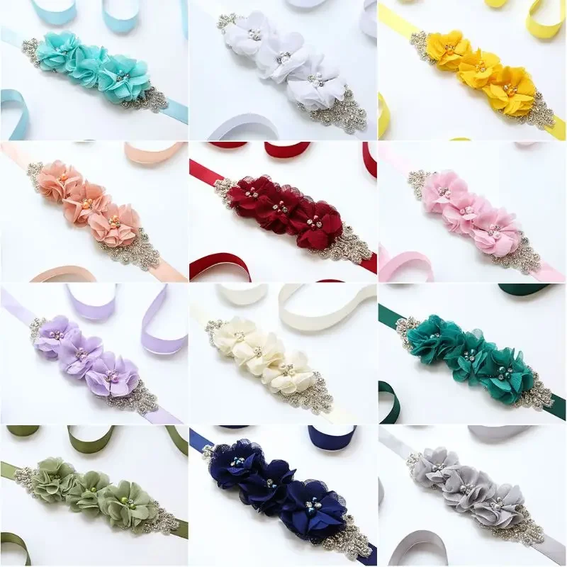 Bridal Waistband Womens Elegant Three Flower Sash Rhinestone Beaded Waistband Bridal Ribbon Cummerbunds Wedding Dress Waist Belt 12 Colors