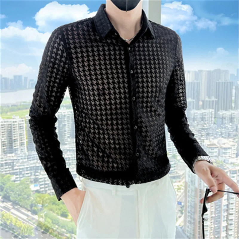 

Houndstooth Lace Camisa Men Shirts & Blouses Turn-Down Collar Long Sleeve Bar Shirt Male Solid Color Mens Designer Clothes New