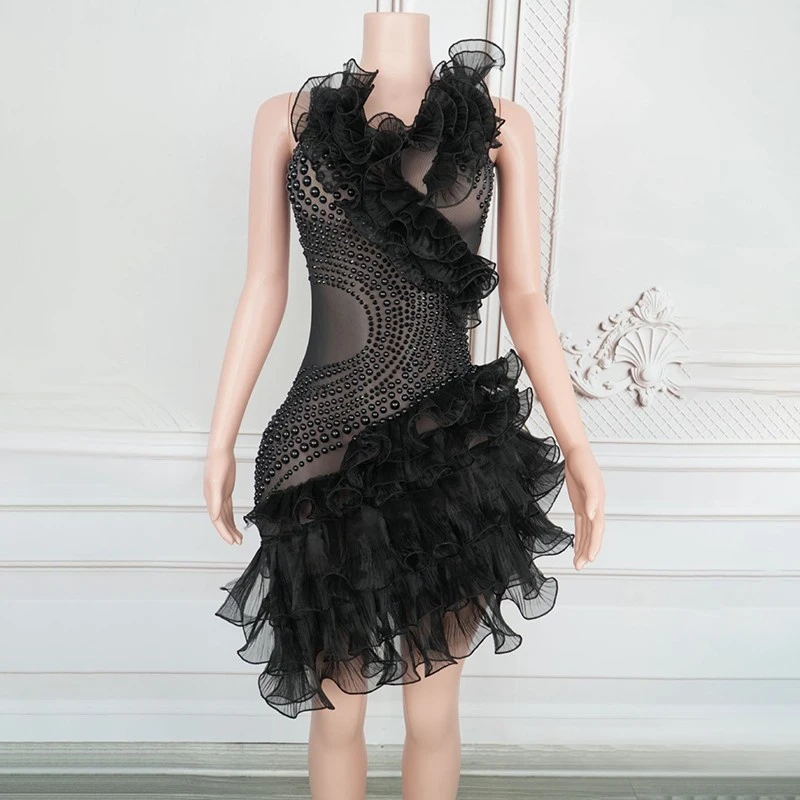 green emerald velvet dress Starry Mesh Black Dress for Music Festivals