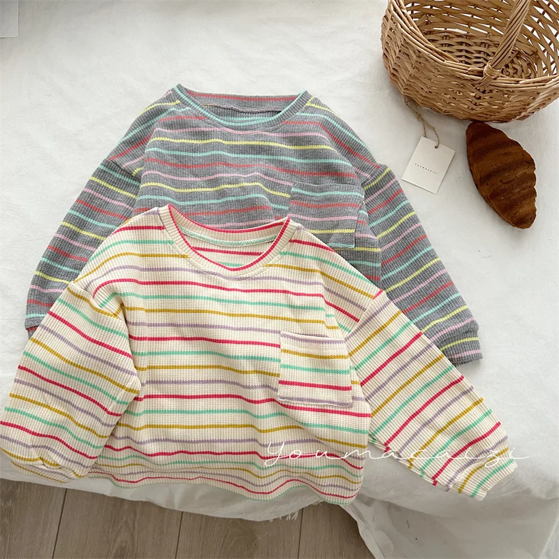 

Children T Shirt 2023 Spring Autumn New Fashionable Colorful Striped Pocket T Shirt for Boys and Girls Round Neck Pullover Top