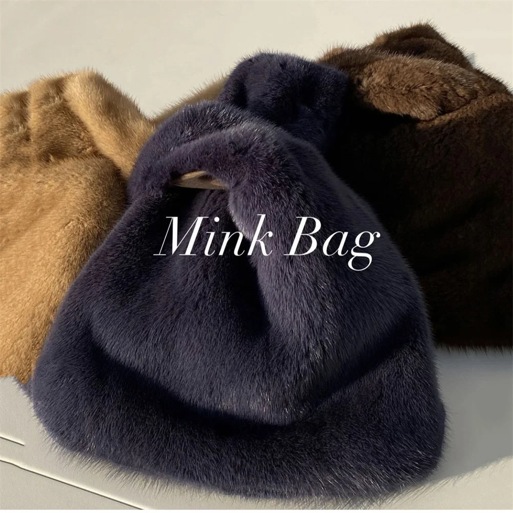 Borse tote di grande capacità per donna, borsa di lusso in vera pelliccia di visone, borsa a mano da donna in tinta unita, borse da shopping casual soffici con manico superiore, per donna