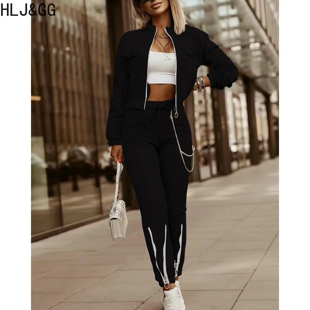 HLJ&GG Fashion Streetwear Women Zipper Long Sleeve Coat+Jogger Pants Two Piece Sets Casual Female Drawstring Sporty 2pcs Outfits
