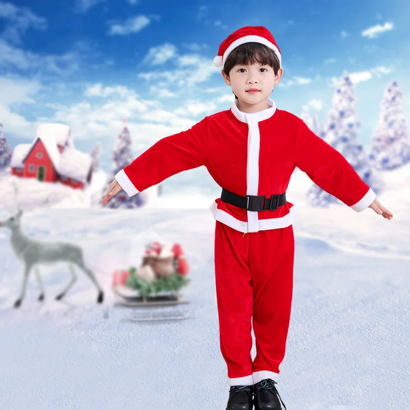 

New Kids Christmas Cosplay Costume Boys Santa Claus Outfit Red Xmas Clothes New Year Party Performance 4-piece Set Suits