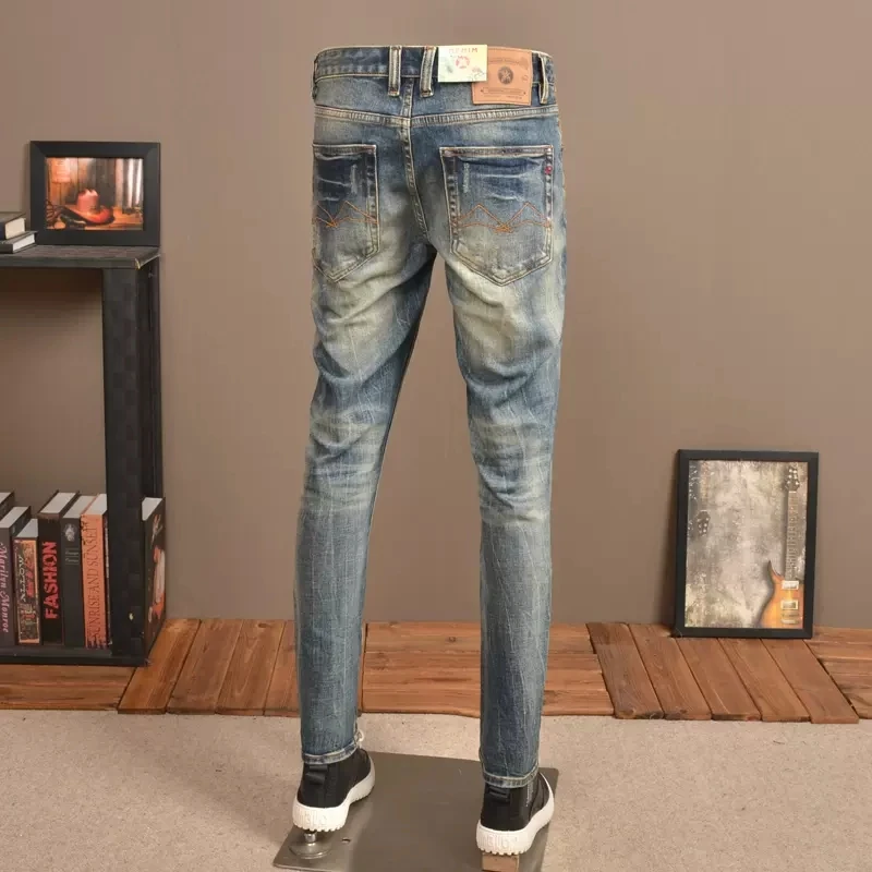 Fashion Designer Men Jeans Retro Blue Stretch Slim Ripped Jeans Men Vintage Trousers Italian Style Elastic Denim Pants Hombre
