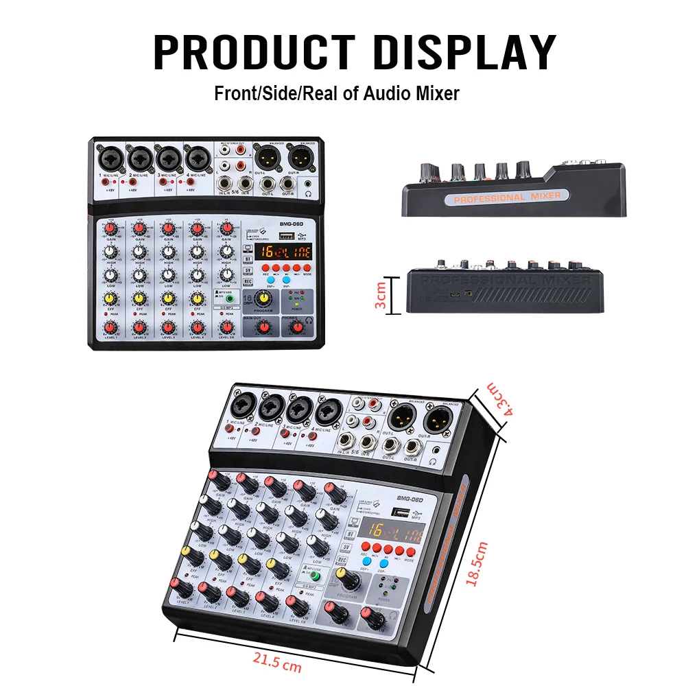 BOMGE Wireless 6 Channel Audio Mixer Portable Mixing Console USB Interface Sound Card With 16 DSP Echo 48V Phantom Power audio mixer